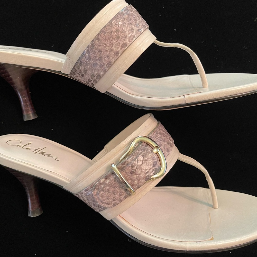 Cole Haan “Nike Air Elana” Cream/Gray Buckle Slide Heels Elegant Snake Print